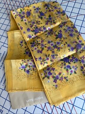 Vintage Mitsukoshi 100% Silk Floral Scarf Yellow Purple Japanese Square 26.5”